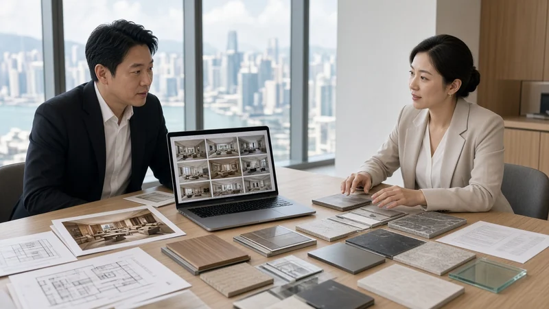 白牆作品牆掛著室內空間相框、木色物料板與綠植，下方是淺色布藝梳化
