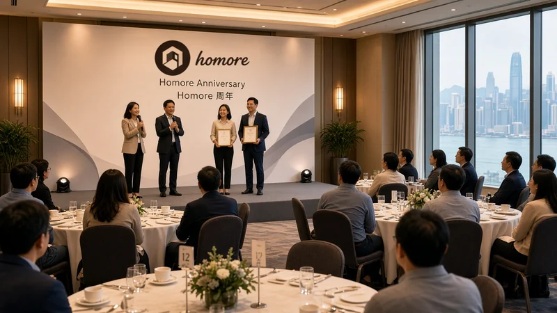 頒獎晚宴：講者站在聚光燈下，背景板印有 Homore 標誌