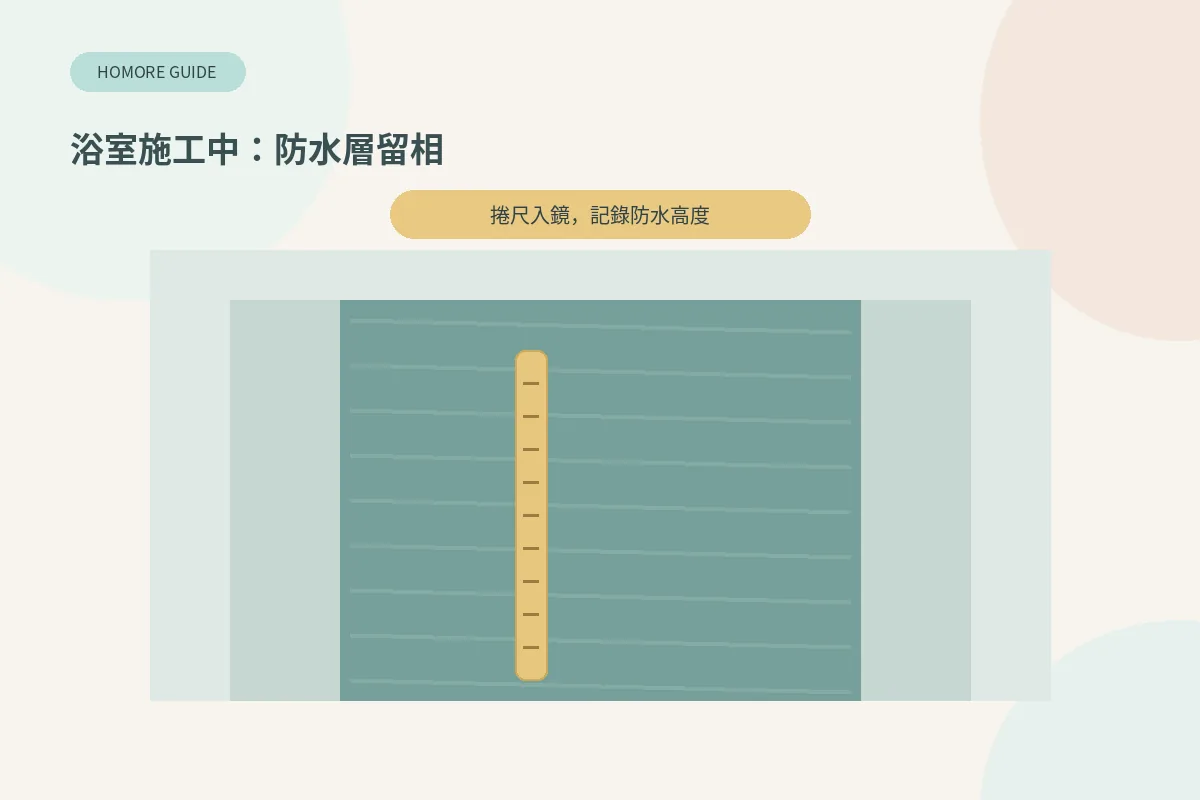 鋪磚前用捲尺入鏡拍攝浴室防水層高度作記錄