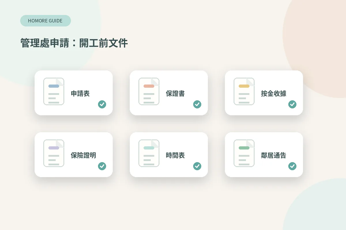 管理處裝修申請文件清單:申請表、保證書、按金收據、保險證明同施工時間表