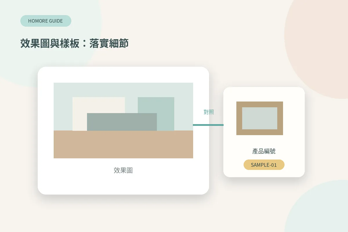 裝修效果圖旁邊放物料樣板同產品編號,落實設計細節