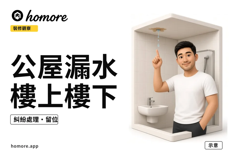 師傅指住浴室天花水漬同水滴示意（示意圖）